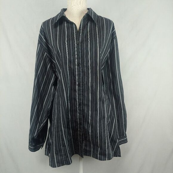 Copper Canyon for Women Button Down Long Sleeve Striped Plus Size 5W Black Gray - Picture 1 of 9
